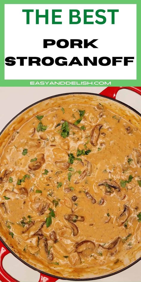 Make this pork stroganoff recipe on the stovetop, slow cooker, or Instant Pot for one of those no-fuss, easy dinners on busy weeknights! It showcases a comforting blend of tender pork chunks, mushrooms, onions, and garlic bathed in a rich and creamy sauce. Mushroom Sauce For Pork, Pork Stroganoff Recipe, Recipes With Pork Chunks, Pork Stroganoff, Pork Chunks, Pork Chop Casserole Recipes, Pork Sauce, Healthy Pork, Quick Pasta Recipes