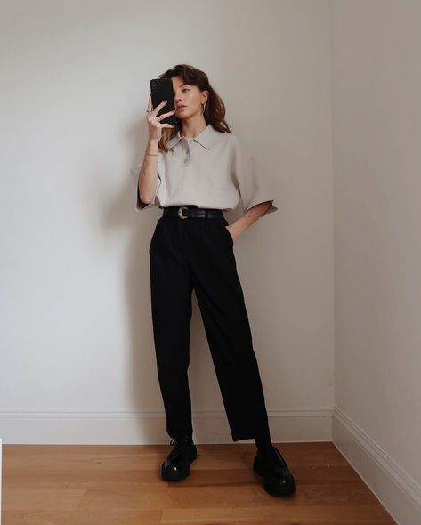 Black Slacks Sneakers Outfit, Dark Office Outfits Women, Queer Fem Outfits, Business Casual Dark Academia, Masc Semi Formal Wear, Dissertation Defense Outfit, Retro Work Outfit, Chloe Hayward Outfits, Non Binary Business Casual