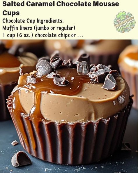 Old fashioned recipes | Salted Caramel Chocolate Mousse Cups | Facebook Caramel Chocolate Mousse, Chocolate Mousse Cups, Salty Desserts, Caramel Mousse, Mousse Cups, Muffin Liners, Sea Salt Caramel, Salted Caramel Chocolate, Caramel Chocolate