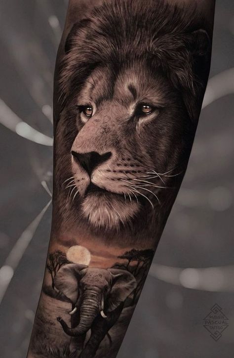 Tattoo Inspiration 2022: Lion Tattoos Tato Realis, African Sleeve Tattoo, Lion Forearm Tattoos, Jungle Tattoo, Animal Sleeve, Africa Tattoos, Animal Sleeve Tattoo, Cute Cat Tattoo, Tattoo Artist Tattoo