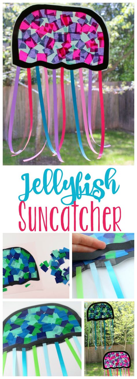 Suncatchers are one of my favorite childhood crafts! These jellyfish suncatchers are the perfect way to kick off summer, with dreams of the ocean. Jellyfish Suncatcher, Under The Sea Crafts, Glass Jellyfish, Summer Art Projects, Jellyfish Craft, Diy Summer Crafts, Glass Art Pictures, Suncatcher Craft, Sea Crafts