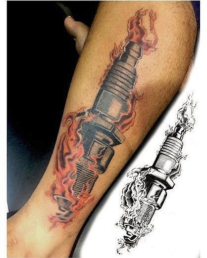 Spark Plug Tattoo Design, Sparkplug Tattoo, Spark Plug Tattoo, Automotive Tattoo, Teddy Tattoo, Tattoo On Calf, Welder Tattoo, Plug Tattoo, Harley Tattoo