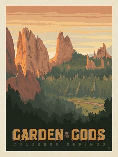 Garden of the Gods, Colorado Springs, Colorado Vintage National Park Posters, Sandstone Rock, Garden Of The Gods Colorado, Classy Art, Anderson Design Group, Canvas Banner, Garden Of The Gods, Vintage Poster Design, Retro Metal Signs