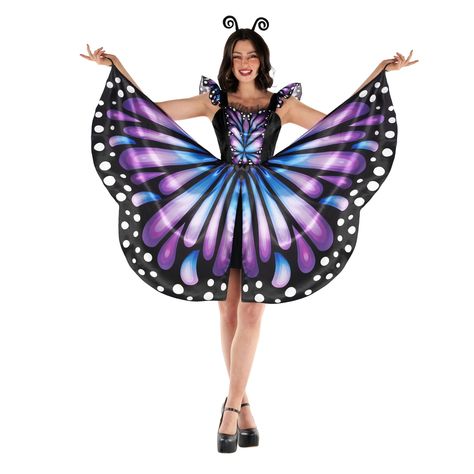 PRICES MAY VARY. Be a showstopper with Morph's adult butterfly wings costume dress. Features digitally printed purple ombre butterfly dress with a statement butterfly wing span skirt with elastic finger loops to wow the crowd With printed bodice with velour panels and ruffle trimmed shoulder straps for an elegant look. Adult butterfly costume for women also includes black antenna headband for a complete ensemble, dress includes black underskirt Butterfly women costume comes in 7 sizes: XS, S, M, Morph Butterfly, Zombie Costume Kids, Fae Costume, Monarch Butterfly Costume, Purple Butterfly Wings, Wing Costume, Butterfly Halloween Costume, Butterfly Wings Costume, Butterfly Halloween