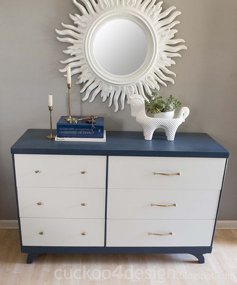 Cuckoo 4 Design: Blue and white dresser makeover, done with Valspar Blue and Rustoleum Semi Gloss White. Dresser Makeover Tv Stand, Blue And White Dresser, Staff Bedroom, Dresser Makeover White, White Dresser Makeover, Dresser Revamp, Navy Dresser, Apartment Lifestyle, Navy Bedroom