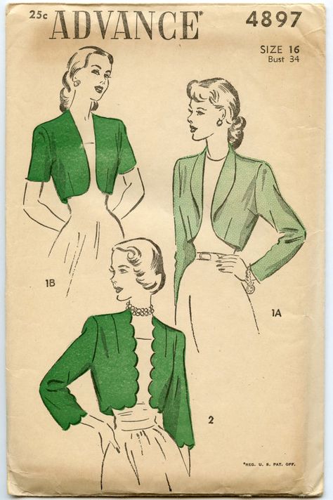 1940s Advance 4897 Misses Bolero Pattern Bust 34 by GreyDogVintage Crop Jacket Pattern, Short Sleeve Bolero, Advance Patterns, Bolero Pattern, Bodice Pattern, Rolled Collar, Crochet Bolero, Vintage Dress Patterns, Bolero Jacket