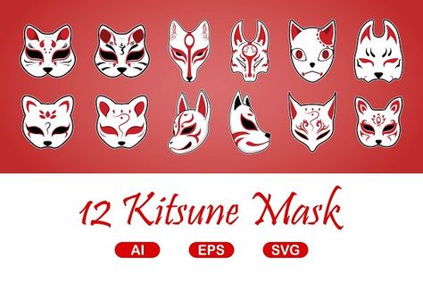 Japanese kitsune mask pack by S T A R K E Y on @creativemarket Kitsune Mask Side View, Japanese Kitsune Mask Art, Japan Mask Art, Kitsune Markings, Japanese Mask Design, Kitsune Mask Drawing, Anime Kitsune Mask, Mascara Kitsune, Kitsune Mask Design