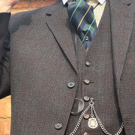 Dress down Friday.. Vintage Moss Bros 3 piece tweed suit.. dated 1966.. with yellow check tunic shirt, cameron collar. Boxcloth braces. Piccadilly armbands, double albert Full Hunter pocket watch.. and obviously correct underwear and accessories #fogeyunlimited #tweedsuit #boxclothbraces #cameroncollar #stiffcollar #doublealbert #needtotidythegarden Check Tunic, Dress Down Friday, Vintage Attire, Moss Bros, Tweed Suit, Tweed Suits, Tunic Shirt, Braces, Pocket Watch