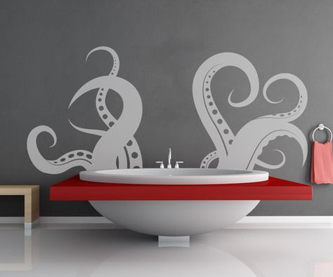 Cthulhus like to wind down, too: tentacle wall decal for your tub Kraken Bathroom, Ocean Decals, Octopus Bathroom, Pinterest House, Bathroom Wall Decals, Giant Octopus, Commercial Bathroom, Ocean Room, Bathroom Decals