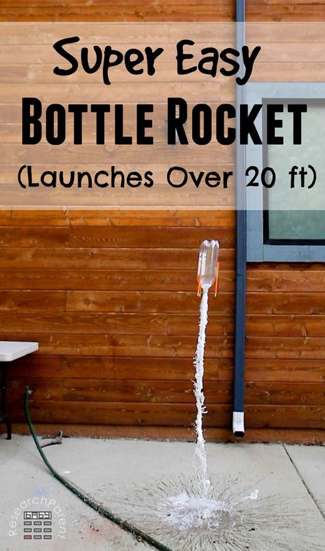 Full step-by-step picture tutorial for an easy, inexpensive, quick bottle rocket experiment. Fun science experiment for kids of all ages. via @researchparent 2nd Grade Science Experiments Easy, 2 Liter Bottle Rocket Designs, Space Themed Science Experiments, Outer Space Science Experiments For Kids, Rocket Experiments For Kids, Rocket Activities For Kids, Bottle Rockets For Kids, Space Experiments For Kids, Easy Experiments For Kids