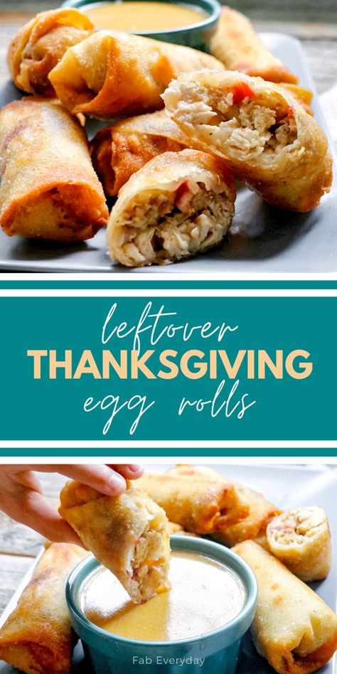 Leftover Thanksgiving Egg Rolls - Fab Everyday Leftover Thanksgiving Egg Rolls, Egg Roll Thanksgiving Leftovers, Leftover Turkey Egg Rolls, Thanksgiving Leftover Croissant, Thanksgiving Egg Rolls, Leftover Thanksgiving Recipes, Turkey Egg Rolls, Recipes Using Egg Roll Wrappers, Leftover Lasagna