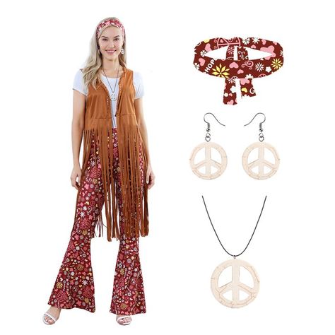 70s costumes set: Fringe Vest, Peace Sign Earrings, Headband, Necklace, pants. Hippy Costume Halloween, Women 60s, Hippy Costume, 80s Hippie, 60s Costume, Hippie Costume Halloween, 70s Costume, Hippie Halloween, Hippie Headbands