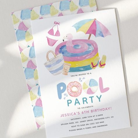 $2.77 | Cute Girly Pool Party Birthday | Birthday Invitations | pool party birthday invitation, girls pool party, cute modern watercolor girly pink, summer birthday celebrations, children's birthday party invites, splish splash splosh, kids pool party, girl birthday invitation, pastel colors, paddling pool Girly Pool Party, Pool Birthday Invitations, Birthday Party Summer, Summer Birthday Invitations, Pool Party Kids, Pool Party Birthday Invitations, Swim Party, Pool Birthday, Pool Party Invitations