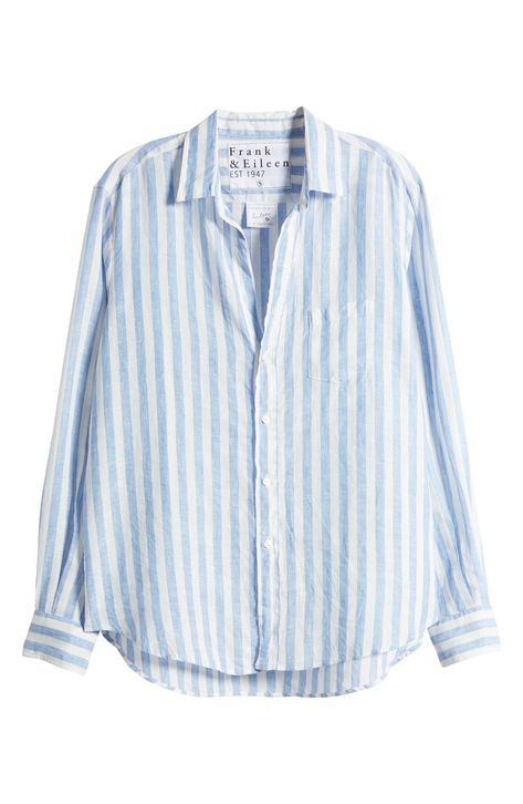 This breezy button-up shirt has a relaxed fit that makes it easy to tuck, tie or toss over other pieces. Front button closure Spread collar Long sleeves with button cuffs Chest patch pocket 100% linen or 100% cotton Machine wash, line dry or tumble dry Made in Italy Blue Button Down, A Line Shirt, Striped Clothing, Stripe Shirts, Linen Button Down Shirt, Button Ups, Blue And White Shirt, Striped Linen Shirt, Blue Striped Shirt