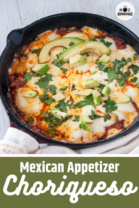 Cheros Recipes, Mexican Starters Appetizers, Choriqueso Dip, Mexican Snack Recipes, Chourico Recipes, Choriqueso Recipe, Chirozo Recipes, Mexican Holiday Recipes, Stuffed Desserts