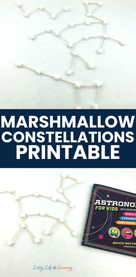 The kids are going to have so much fun with this Marshmallow Constellations Printable! An easy way to combine learning and hands-on fun! Space Themed Science Activities Preschool, Constellation School Project, Star Science Experiments For Kids, Stars And Constellations Activities, Fun Space Activities For Kids, Astronomy Projects For Kids, Constellation Sensory Bag, Constellation Projects For Kids, Space Steam Activities For Kids