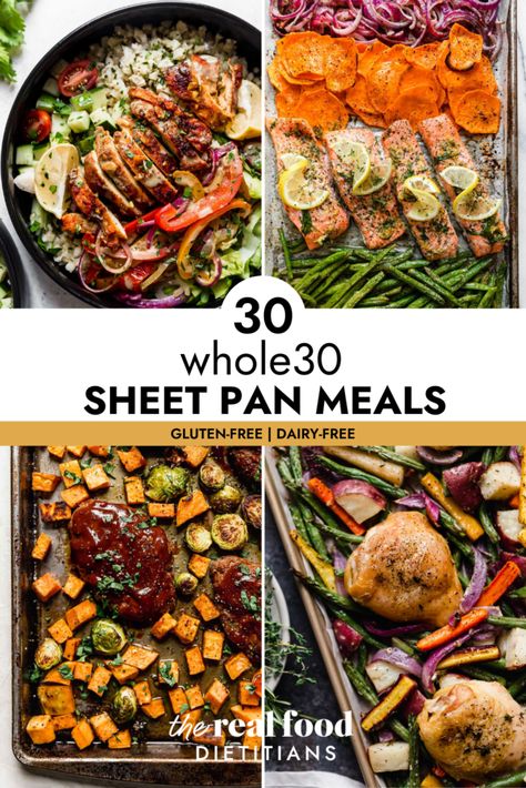 Easy Paleo Sheet Pan Dinners, Sheet Pan Dinners No Carb, Whole30 Sheet Pan Recipes, Paleo Dinner Sheet Pan, Dairy Free One Pan Meals, The Real Food Dieticians, Whole 30 Sheet Pan Meals, Paleo One Sheet Pan Meals, Cheap Easy Whole 30 Meals