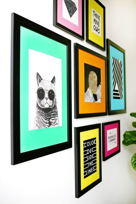 Coloured Frames On Wall, Fun Colorful Decor, Colorful Picture Frames On The Wall, Colored Picture Frames, Colored Matte Frame, Colourful Home Office Ideas, Bright Wall Decor, Colorful Photo Wall, Colorful Wall Ideas