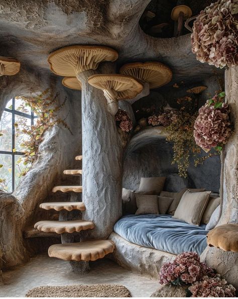 Cool House Stuff, Mushroom House Interior, Mushroom Architecture, Fairy House Interior, Whimsical Room Decor, Fantasy Rooms, Cob House, Fantasy Homes, Cute Bedroom Decor