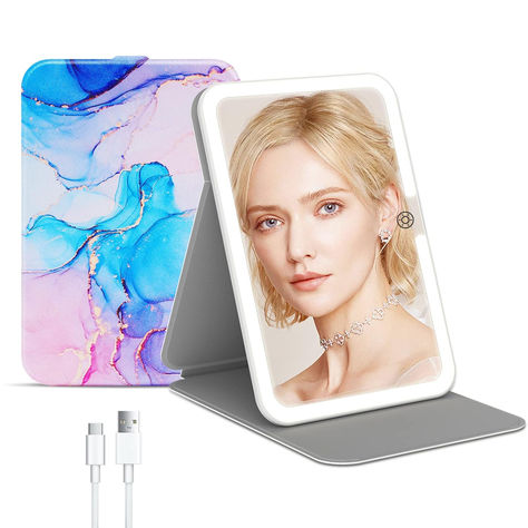 Rechargeable Travel Lighted Makeup Mirror with PU Leather Cover, Portable Travel Makeup Mirror with lights, 3 Color Lighting, Touch Sensor Dimmable, Light Up Tabletop Folding Cosmetic Mirror Colorful Lighted Makeup Mirror, Travel Makeup Mirror, Color Lighting, Color Lights, Simple Eyeliner, Makeup Vanity Mirror, Beauty Mirror, Travel Buddy, Lighted Mirror