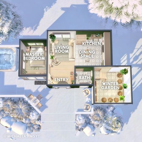 Michaela Sims | Sims 4 Builder ✨🇨🇿 on Instagram: "And now the floor plan of my Winter Modern Cottage 🌨️ I wanted to build something small to put on my YouTube channel during the holidays, and I think this is perfect for that. I could imagine a couple spending a lovely winter vacation in this space, it's cozy and very cute! 🩵 Windenburg 🩵 20x20 🩵 $43,981 🩵 Origin ID: michaelasimsyt 🩵 Speed build on my YT channel, link in bio ________________ 🏷 the sims 4 | the sims 4 house | the sims 4 ideas | sims 4 speedbuild | sims 4 exterior Game: @thesims | #thesims #thesims4 #sims4 #showusyourbuilds #ts4 #sims4build #simstagram #simsbuild" Sims 4 Ideas, Sims 4 House, Sims 4 Speed Build, Modern Cottage, The Sims 4, The Sims, Floor Plan, Sims 4, Cottage