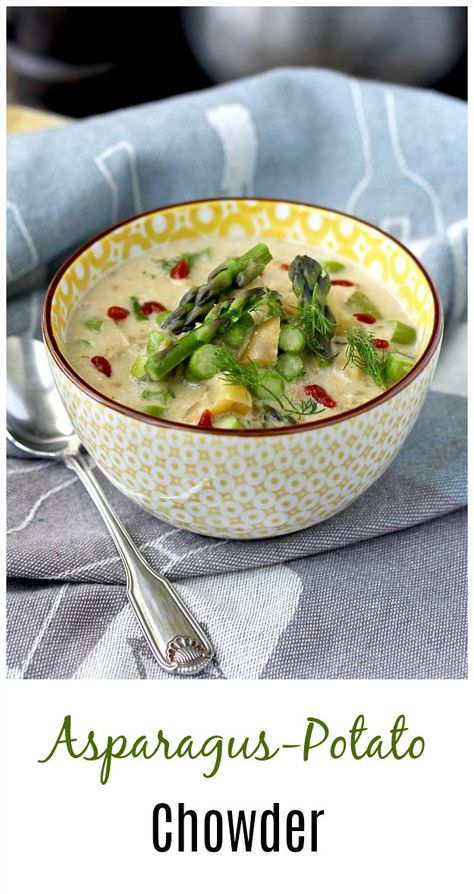 Asparagus-Potato Chowder with dill and hot sauce Cookies With Oatmeal, Asparagus Potato, Potatoes And Asparagus, Bread Bar, Potato Chowder, Recipe Cookies, Asparagus Recipes, Gold Potatoes, Asparagus Soup