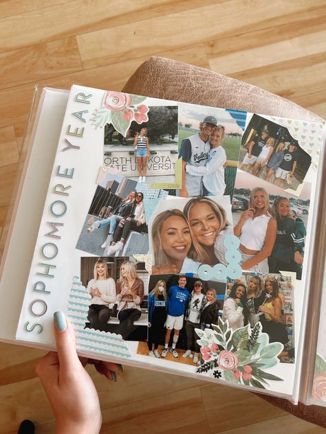 Sophomore Year Scrapbook Ideas, Senior Portfolio Binder Ideas, College Memory Book Ideas, College Photo Album Ideas, College Scrapbook Layouts, College Graduation Scrapbook Ideas, Cover Of Scrapbook Ideas, College Memories Scrapbook, Scrapbook College Ideas