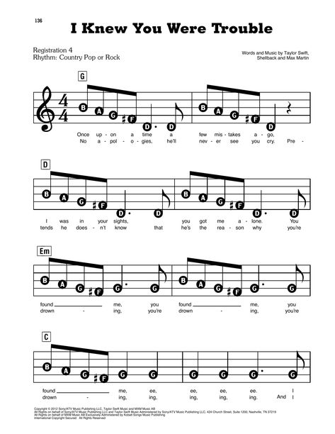 Download Taylor Swift I Knew You Were Trouble sheet music notes that was written for Piano Duet and includes 5 page(s). Printable Pop PDF score is easy to learn to play. Learn more about the conductor of the song and Piano Duet music notes score you can easily download and has been arranged for. The number (SKU) in the catalogue is Pop and code 158883. The PNODT Taylor Swift sheet music Minimum required purchase quantity for the music notes is 1. Please check if transposition is possible before Easy Taylor Swift Songs On Piano, Clarinet Music Sheets Easy, Keyboard Music With Letters Taylor Swift, Taylor Swift Keyboard Notes, Piano Notes Taylor Swift, Taylor Swift Piano Letters, Taylor Swift Piano Sheet Music Easy, Taylor Swift Piano Notes, Easy Clarinet Sheet Music