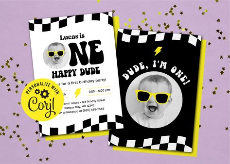 One Happy Dude Invitation Template, Retro First Birthday, One Happy Dude Birthday, Template Editing, One Happy Dude, Baby Birthday Invitations, 1st Birthday Photos, Photo Banner, First Birthday Invitations