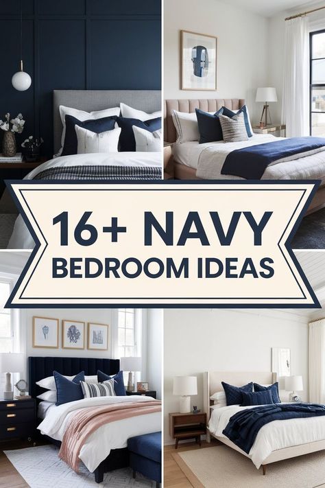 navy and blush bedroom ideas Navy And Light Grey Bedroom, Bedroom With Navy Comforter, Bedroom Ideas For Blue Walls, Dark Blue And Tan Bedroom, Bedroom Aesthetic Navy Blue, Dark Blue Accent Bedroom, Bedding Ideas Navy Blue, Navy And Mustard Bedroom Ideas, Navy Blue Cream Color Palette