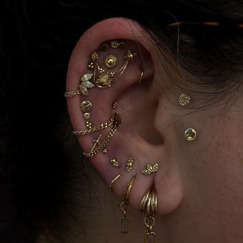 I’ve lost track of what all I’ve done on Taylor’s ear at this point, but last week we added a lower flat with a rose gold and rutilated… | Instagram Gold Earscapes, Maximalist Ear Piercings, Industrial Piercing Aesthetic, Unique Piercing, Constellation Piercings, Piercing Inspo, Ear Art, Cool Ear Piercings, Pretty Ear Piercings