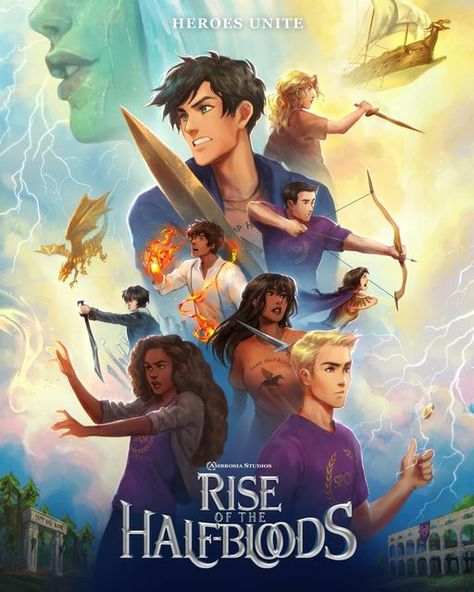 ✦ mage on Instagram: "Heroes of Olympus Poster for @cosmiccowzine! Yes, Rise of the Half-bloods is a reference to Rise of the Guardians 👀✨ It was such an amazing experience to work w this STUNNING team! Check out preorders the Olympus: a PJO Fanzine Winter edition for this poster and much more pjo content! #pjo #hoo #percyjackson #cosmiccow #cosmiccowzine #rickriordan #heroesofolympus #percyjacksonfanart #drawing #digitalart #book #bookart #bookish" Pjo Poster, Heroes Of Olympus Characters, Percy Jackson Drawings, Percy Jackson Wallpaper, Zio Rick, Dibujos Percy Jackson, Pjo Hoo, Percy Jackson Fan Art, Rise Of The Guardians