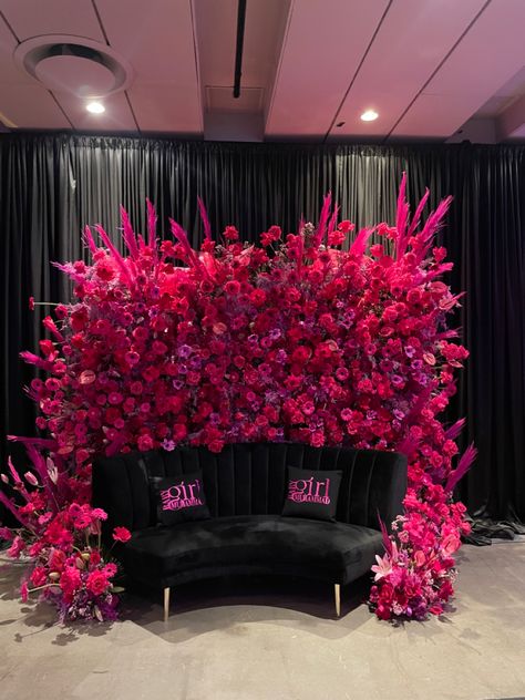 A tall rectangular dark pink flower wall Aesthetic Salon, Flores Pink, Bday Vibes, Pink Flower Wall, Backdrop Pink, Hot Pink Flowers, Black Backdrop, Birthday Idea, Black Backdrops