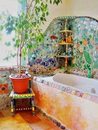 ☮ American Hippie Bohéme Boho Lifestyle ☮ Bath Hippie House, Bohemian Bathroom, Hippie Homes, Mosaic Bathroom, Decor Ikea, Cob House, Hippie Home Decor, Boho Bathroom, Earthship