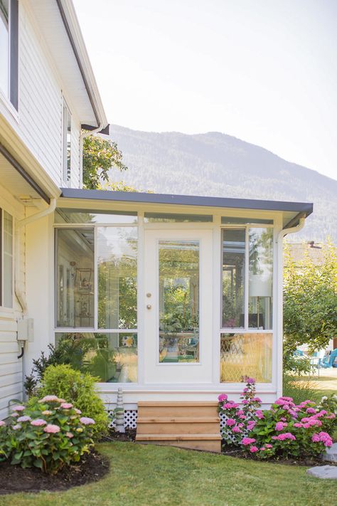 My Mom's Beautiful Sunroom Reveal; Before & After | Before and After Sunroom Addition Townhouse, Enclosed Porch Sunroom, Turn Porch Into Sunroom, French Doors Into Sunroom, Sunroom Door Ideas, Sunroom Exterior Doors, Mud Room Sunroom, 1940s Cottage Remodel, Sunroom With Laundry Room