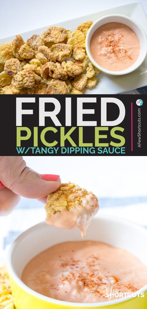 Make your favorite appetizer at home! Check out this YUMMY Fried Pickles recipe plus an easy tangy dipping sauce. AND you can make them Gluten free! | @AFEWSHORTCUTS #appetizer #glutenfree #recipe #gameday Fried Pickle Sauce, Fried Pickle Dipping Sauce, Easy Fried Pickles, Best Appetizers Ever, Fried Dill Pickles, Deep Fried Pickles, Fried Pickles Recipe, Glutenfree Recipe, Pickles Recipe