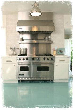 Kitchen Painted Wood Floors, Viking Range, Turquoise Kitchen, Painted Concrete Floors, Gimlet, House Of Turquoise, Painted Floor, Blue Floor, Linoleum Flooring