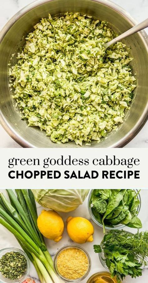 This viral green goddess cabbage salad recipe is the best! Cabbage Diet Before And After, Cabbage Spinach Salad, Cabbage Freezer Recipes, Cabbage And Avocado Salad, Cabbage And Dill Salad, Shaved Cabbage Salad, Raw Cabbage Recipes Healthy, Crunchy Green Salad, Chopped Salad Recipes Vegetarian