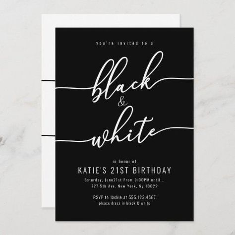 Invitation Card Design Black And White, Black And White Party Invitations, White Party Invitations, Bachelorette Party Cocktails, Nex York, Black And White Birthday, White Party Theme, White Birthday Party, Black And White Party