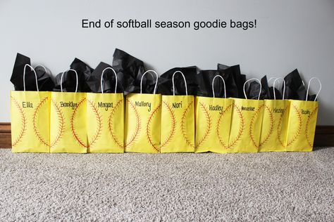 End of softball season treat bags! Softball Swag Bags, Softball End Of Season Party, Softball Gift Bag Ideas, Softball Goodie Bag Ideas Team Gifts, Softball Treats For Team, Softball Treat Bags, Softball Goodie Bag Ideas, Softball Gift Bags, Softball Goodie Bags