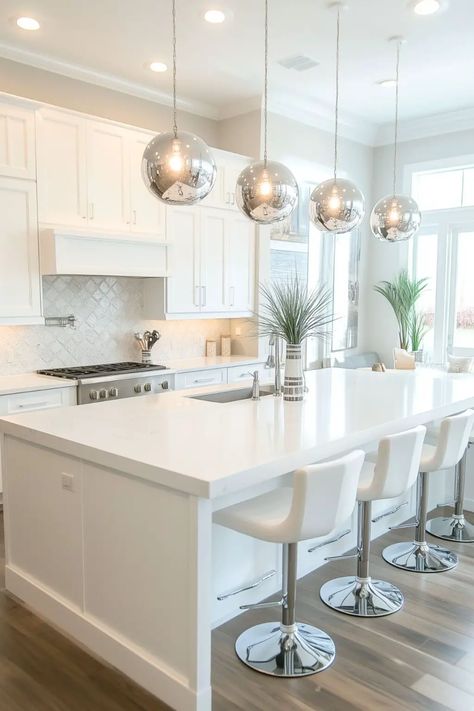 25 White Kitchens with Timeless Appeal - Kitchen Informant Light Gray Countertops White Cabinets, White Modern Kitchen With Island, White Interior House, White Small Kitchen, White House Interior, Modern White Kitchen, White Kitchen Ideas, City Apartments, White Kitchens