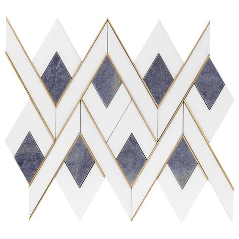 Zeta Azul Blue Polished Marble and Brass Waterjet Mosaic Tile Vintage Blue Tile Bathroom, Colorful Kitchen Backsplash, Artmore Tile, Waterjet Mosaic Tile, Blue Bathroom Tile, Mosaic Backsplash Kitchen, Marble And Brass, Gold Tile, Mosaic Backsplash