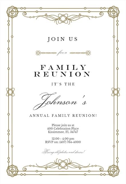 Classic Border - Family Reunion Invitation Template (Free) | Greetings Island Family Reunion Invites Templates Free, Family Reunion Templates, Family Reunion Invitations Templates, Hamptons Party, Reunion Invitation, Family Reunion Invitations, Reunion Invitations, Family Reunion Planning, Greetings Island