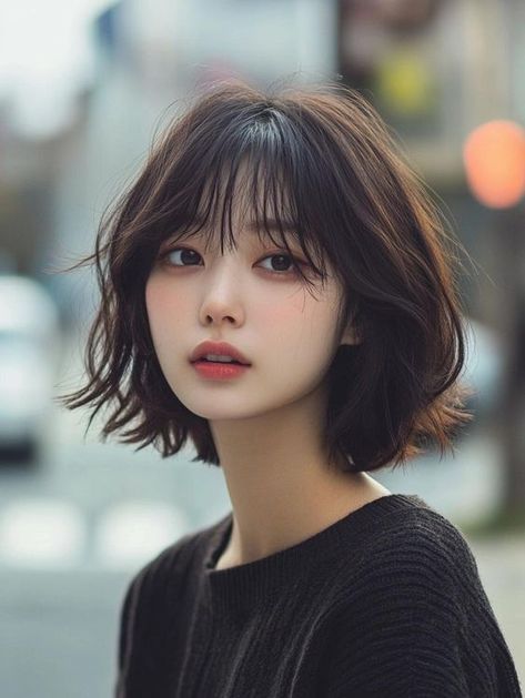 Japanese Short Layered Hair, Short Hair With Curtain Bangs Korean, Korean Medium Haircut, Japanese Wolf Cut, Korean Hush Haircut, Wolf Cut On Curly Hair, Asian Hair Trends, Korean Short Haircut, Korean Haircuts