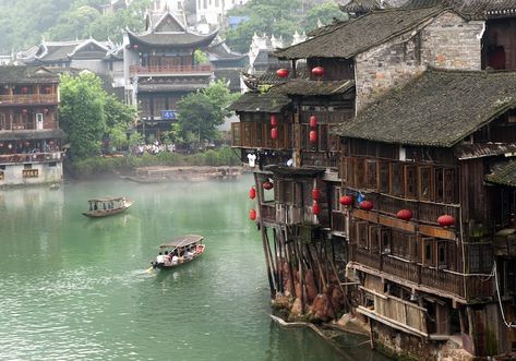 Fenghuang Ancient Town China Tea House, Fishing Town, Chinese House, Ancient Chinese Architecture, Ancient Village, Middle Kingdom, Building Concept, Countryside House, Fantasy City