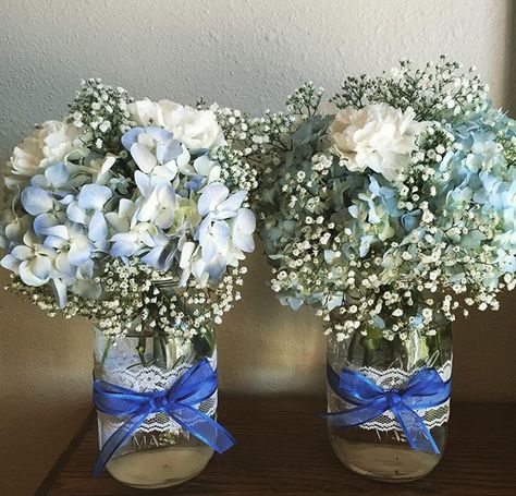 Mason Jar Hydrangea Centerpieces, Dusty Blue Mason Jar Centerpieces, White And Blue Flower Arrangements Simple Centerpieces, Retirement Party Flower Centerpieces, Small Blue And White Flower Arrangements, Hydrangea Mason Jar Centerpiece, Blue Mason Jar Centerpieces, Blue Flower Centerpieces, Mason Jar Hydrangea