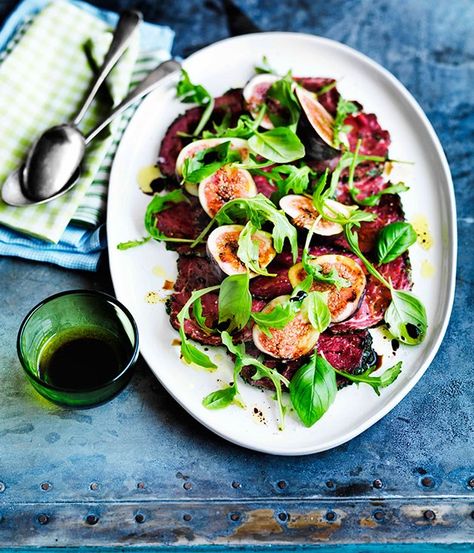 Beef carpaccio with figs and rocket :: Gourmet Traveller Beef Carpaccio Recipe, Fig Ideas, Fig Season, Poke Bowl Recipe, Rocket Leaves, Sardine Recipes, Beef Carpaccio, Rocket Salad, Beef Fillet