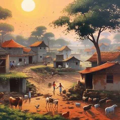 Natural_Village_scene Village Sinari Drawing, Village Painting Ideas, Landscape Village Paintings, Indian Village Painting Landscapes, Indian Village Art Paintings, Village Painting Indian Landscape, Indian Village Illustration, Village Scene Drawing Paintings, Village Painting Indian