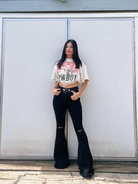 Farrah Distressed High Waisted Flares – Willow Boutique Ripped Flare Jeans Outfit, High Rise Flare Jeans Outfits, Denim Flare Jeans Outfit, Goth Western Style, Black Distressed Jeans Outfit, Black Bell Bottoms Outfit, Baile Outfits Jaripeo, Black Flare Jeans Outfit, Black Bell Bottom Jeans