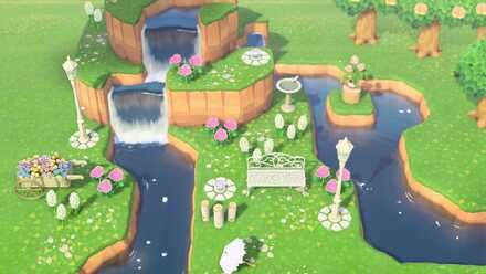 Cliff Ideas | How to Make Good Looking Cliffs | ACNH - Animal Crossing: New Horizons (Switch)｜Game8 Terraforming Acnh, Lake Animals, Motif Acnl, Acnh Designs, Animal Crossing Wild World, Island Theme, Waterfall Design, Small Waterfall, New Animal Crossing